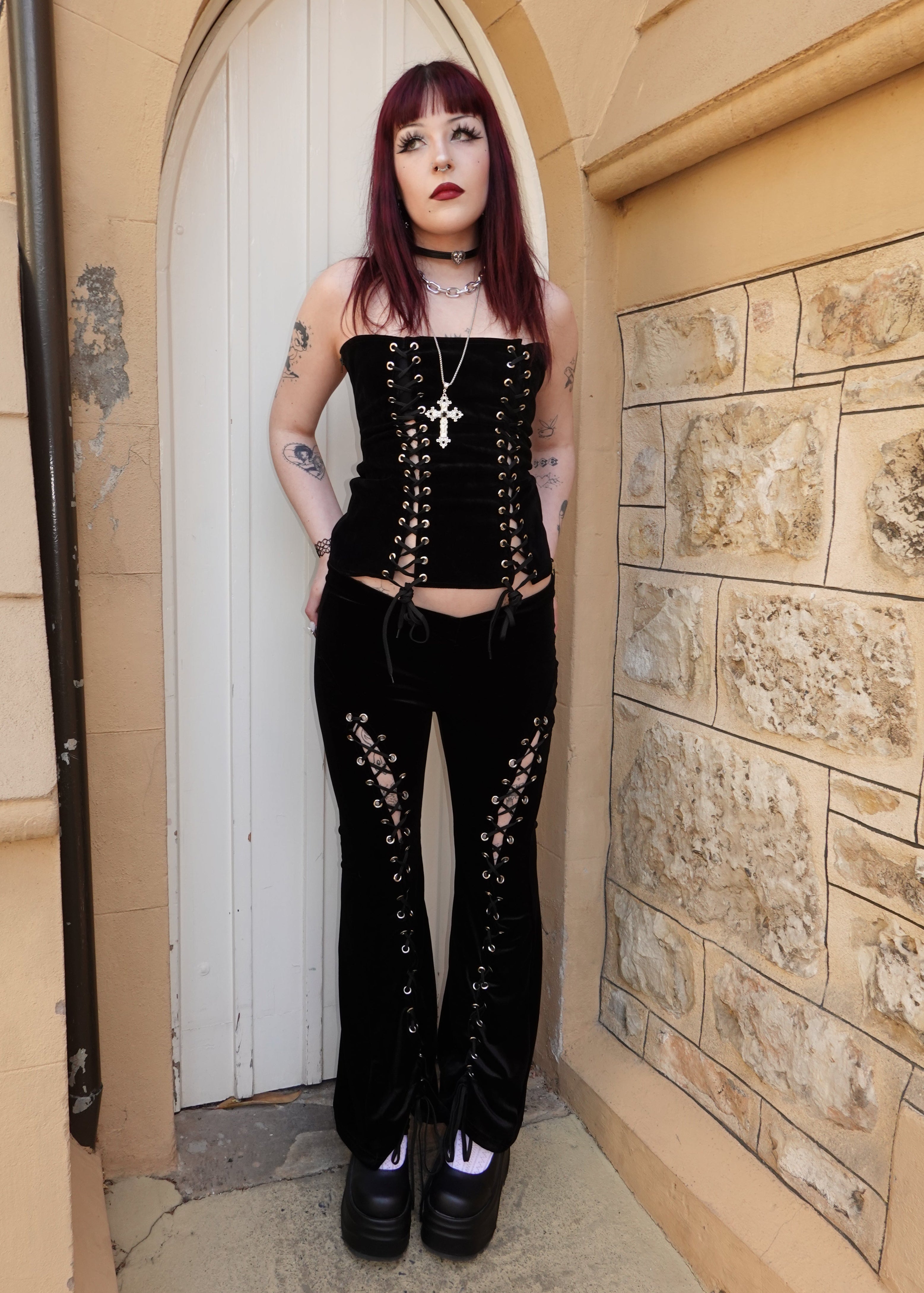 Fitted black velvet corset top showing structured hourglass silhouette and dark vampy aesthetic on model - Ravencross Top - FM2U Clothing Australia | Gothic Alternative Whimsical Ethical Fashion