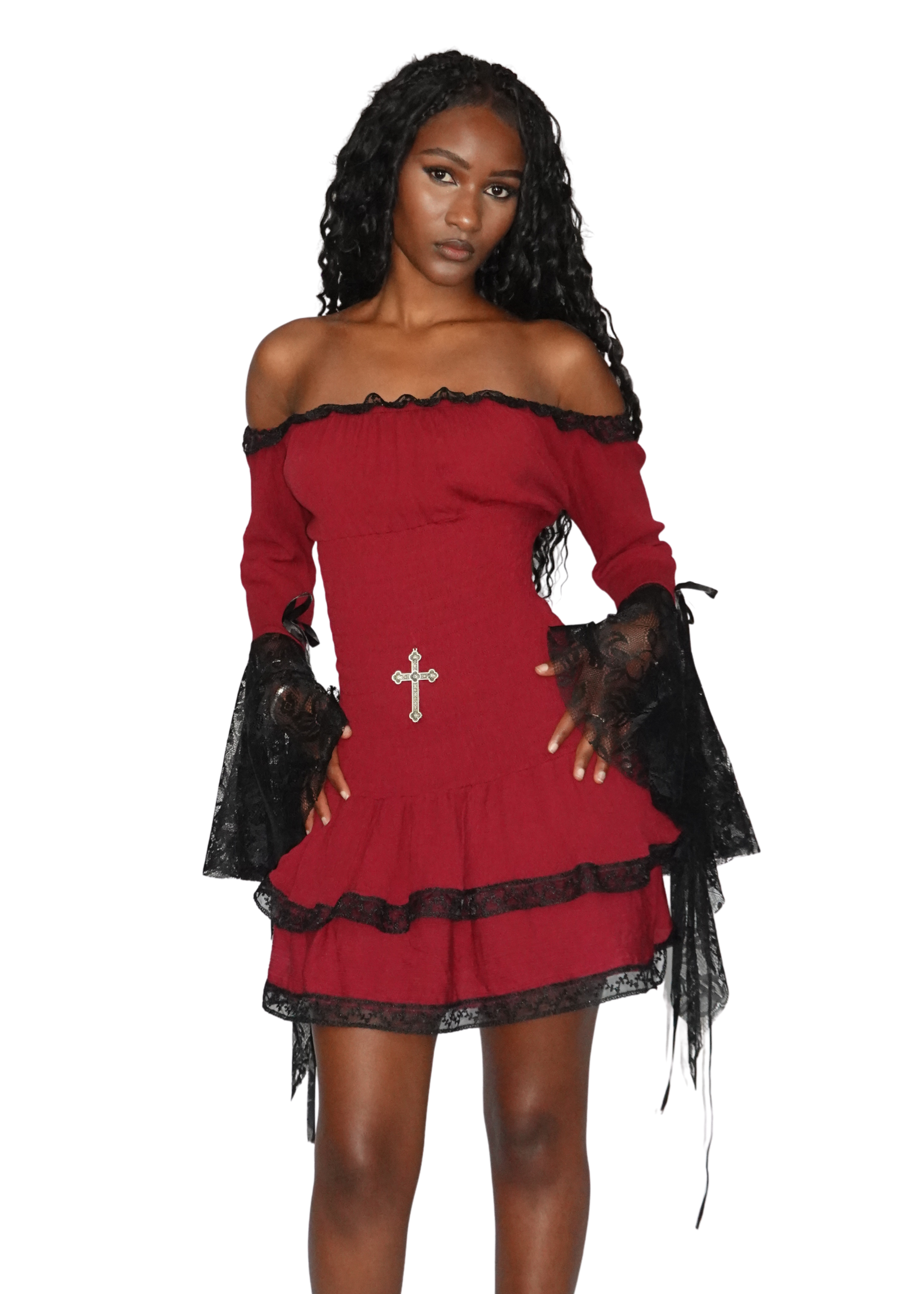 Full-body view of blood-red off-shoulder mini dress with black detailing. On model - Milkmaid mini dress (Blood) - FM2U Clothing Australia | Gothic Alternative Whimsical Ethical Fashion