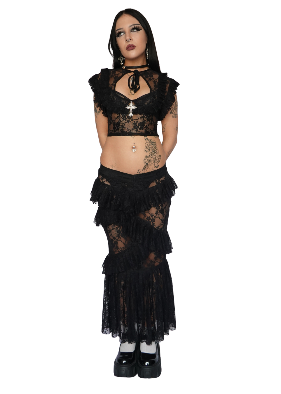 Black Evangeline Lace Top & Skirt - Model 166cm, Size S - FM2U