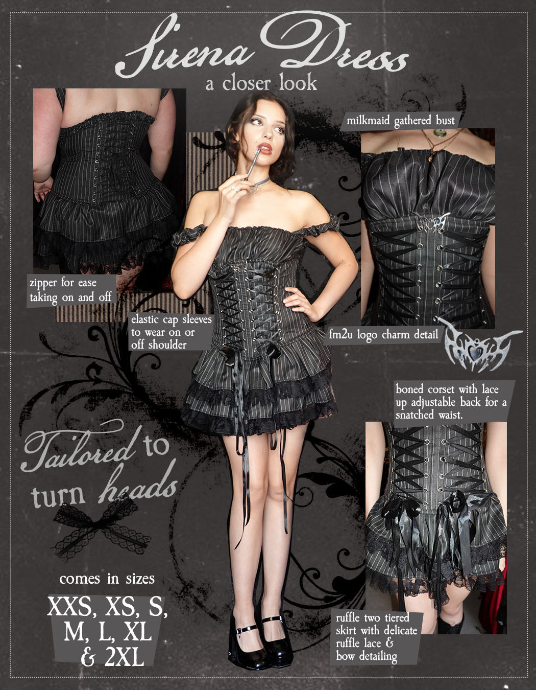 Sirena Dress closer look infographic showing milkmaid gathered bust, elastic cap sleeves worn on or off shoulder, FM2U logo charm detail, side zipper for ease, boned corset with lace-up adjustable back for snatched waist, ruffle two tiered skirt with delicate ruffle lace and bow detailing, available in sizes XXS, XS, S, M, L, XL and 2XL - Sirena Mini Dress - FM2U Clothing Australia | Gothic Alternative Whimsical Ethical Fashion