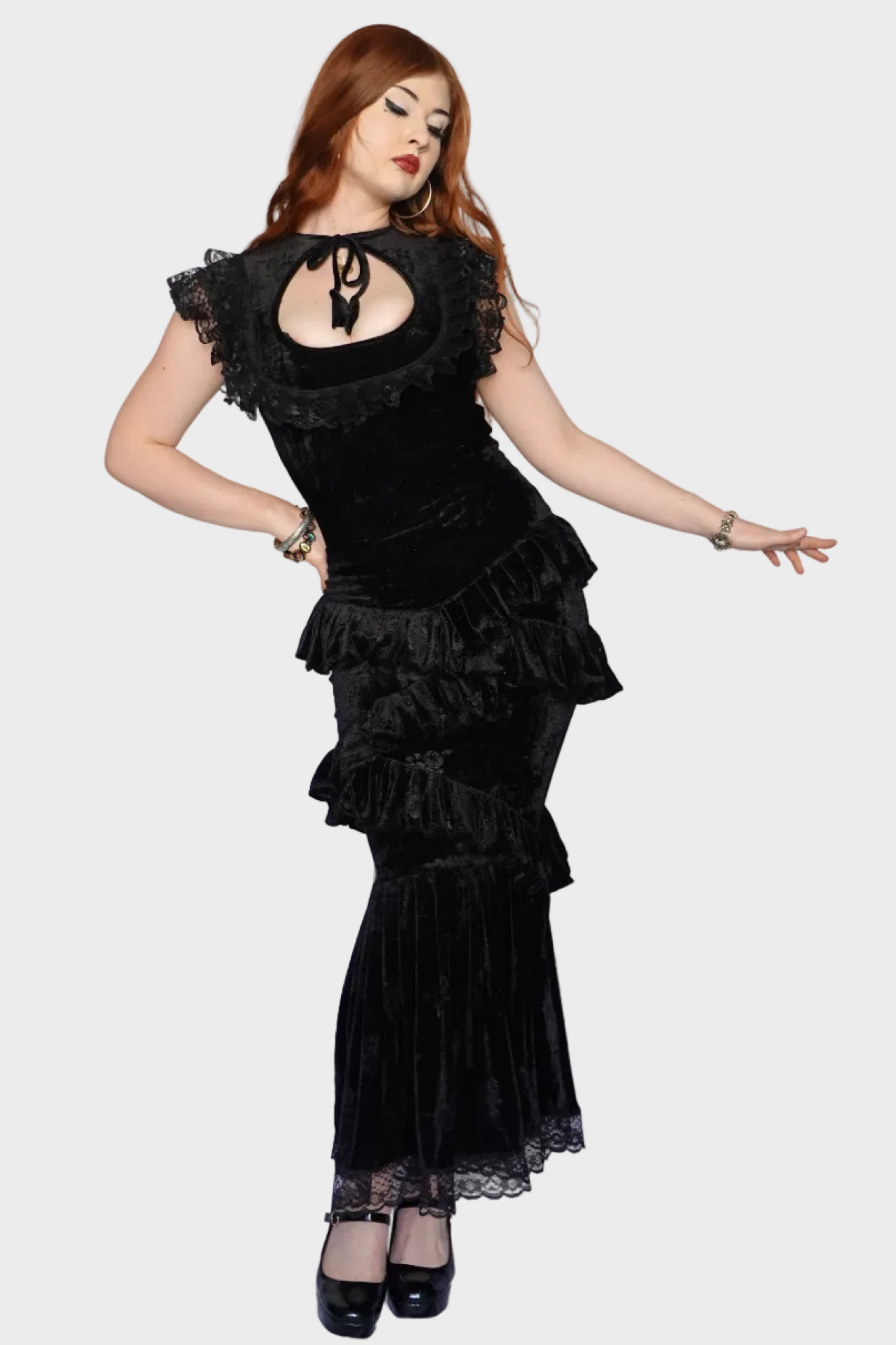 Front shot black velvet tied on model dress fm2uclothing Australia | Gothic, Vampy Alternative Whimsical and Ethical Comfortable Size Inclusive Fashion