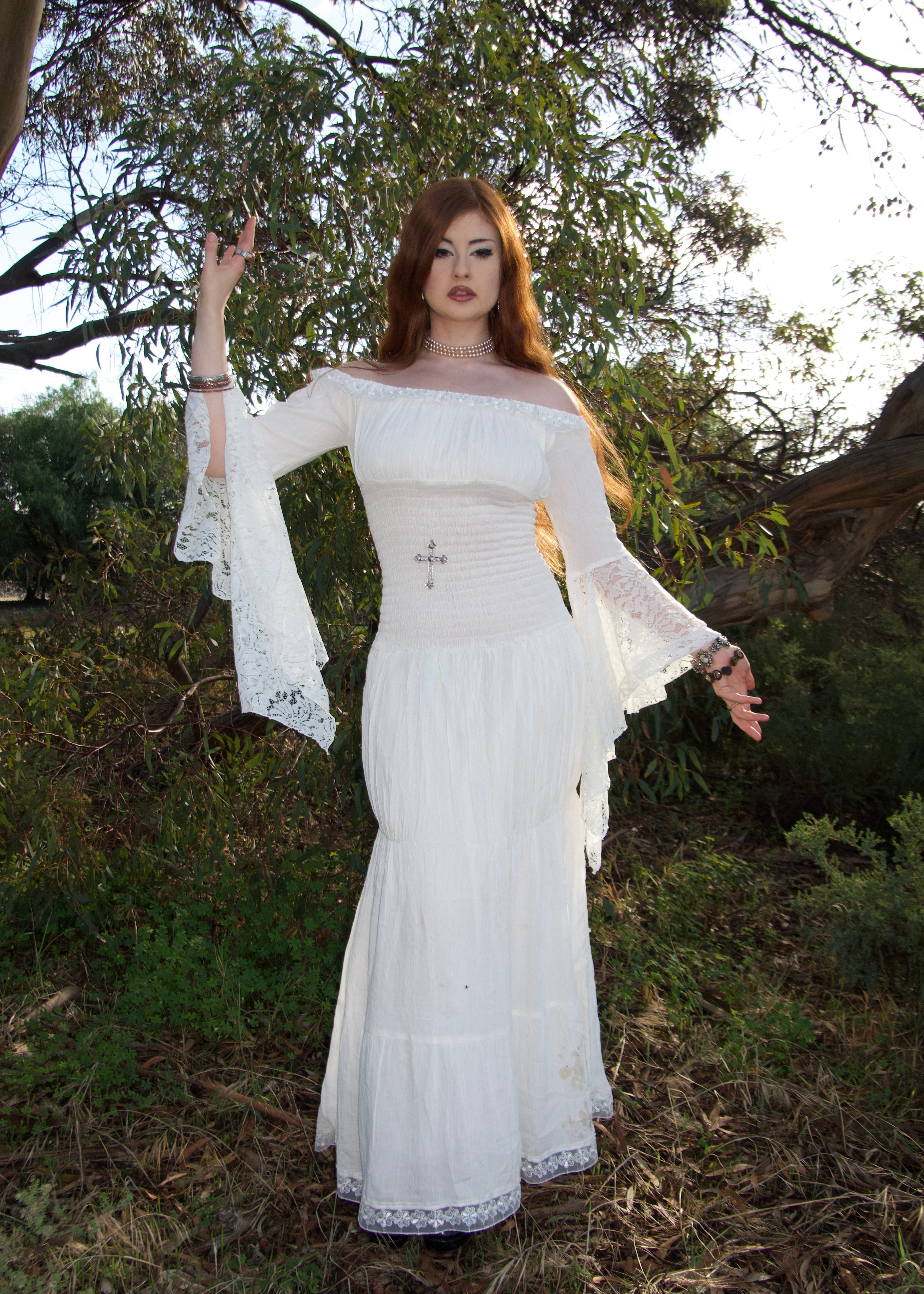 Milkmaid Dress Maxi (Ivory) - Model 165 cm, Size XS - FM2U
