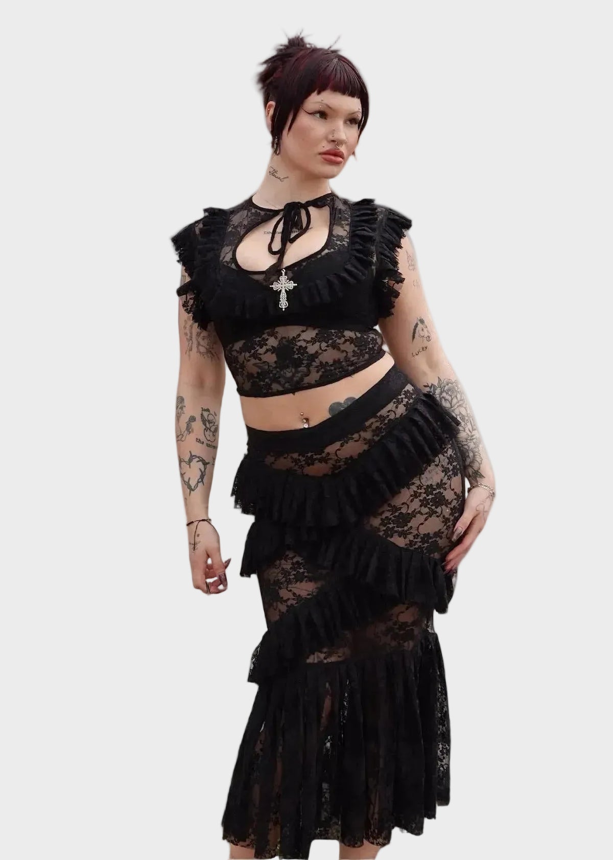 Black Evangeline Lace Top & Skirt - Model 175cm, Size M - FM2U