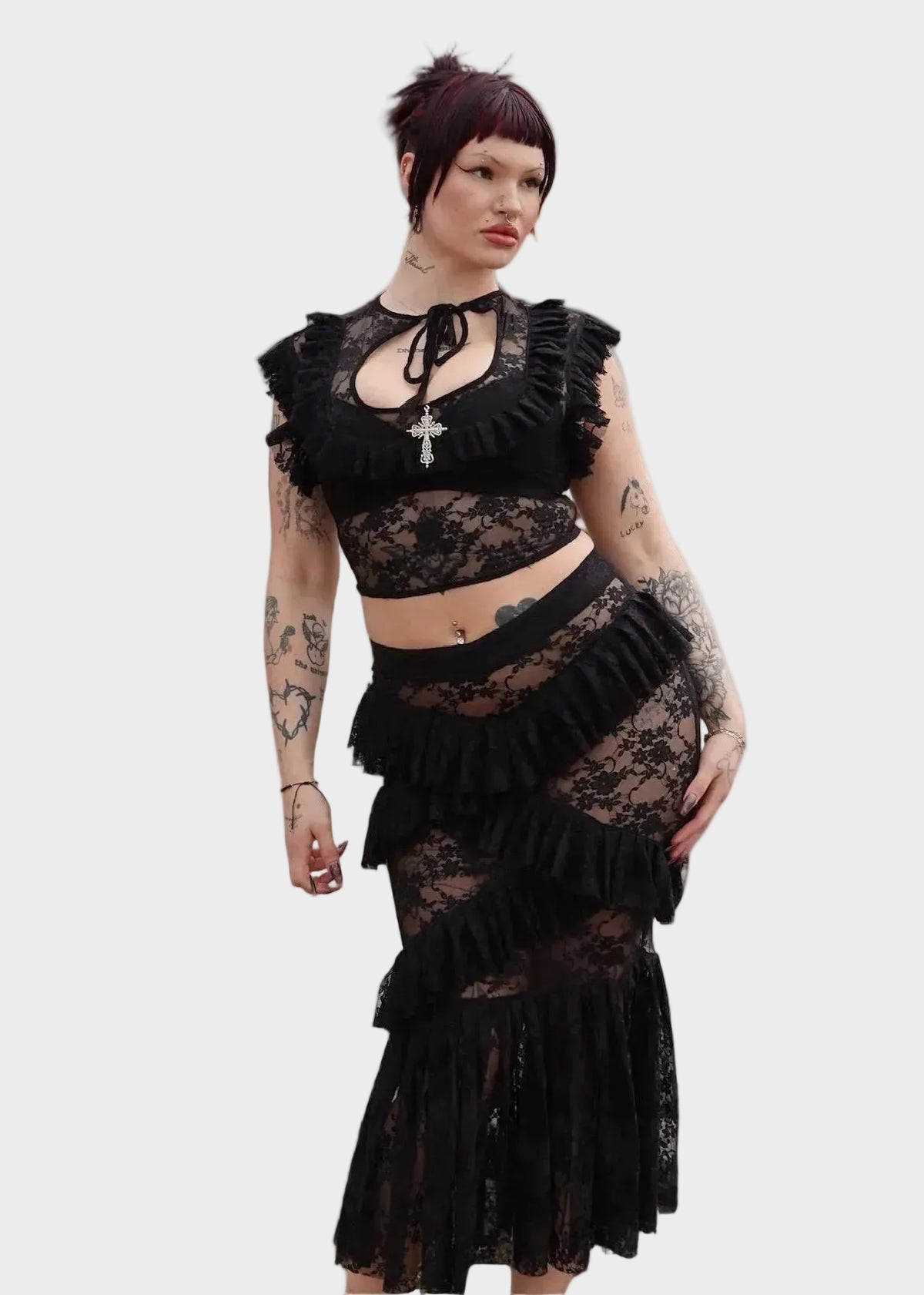 Black Evangeline Lace Top & Skirt - Model 175cm, Size M - FM2U