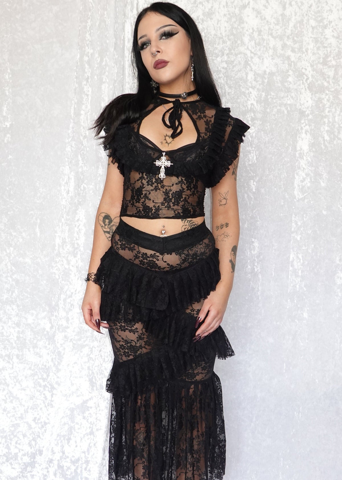 Black Evangeline Lace Top & Skirt - Model 166cm, Size S - FM2U