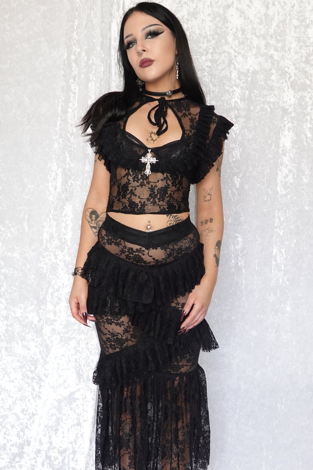 Black Evangeline Lace Top & Skirt - Model 166cm, Size S - FM2U