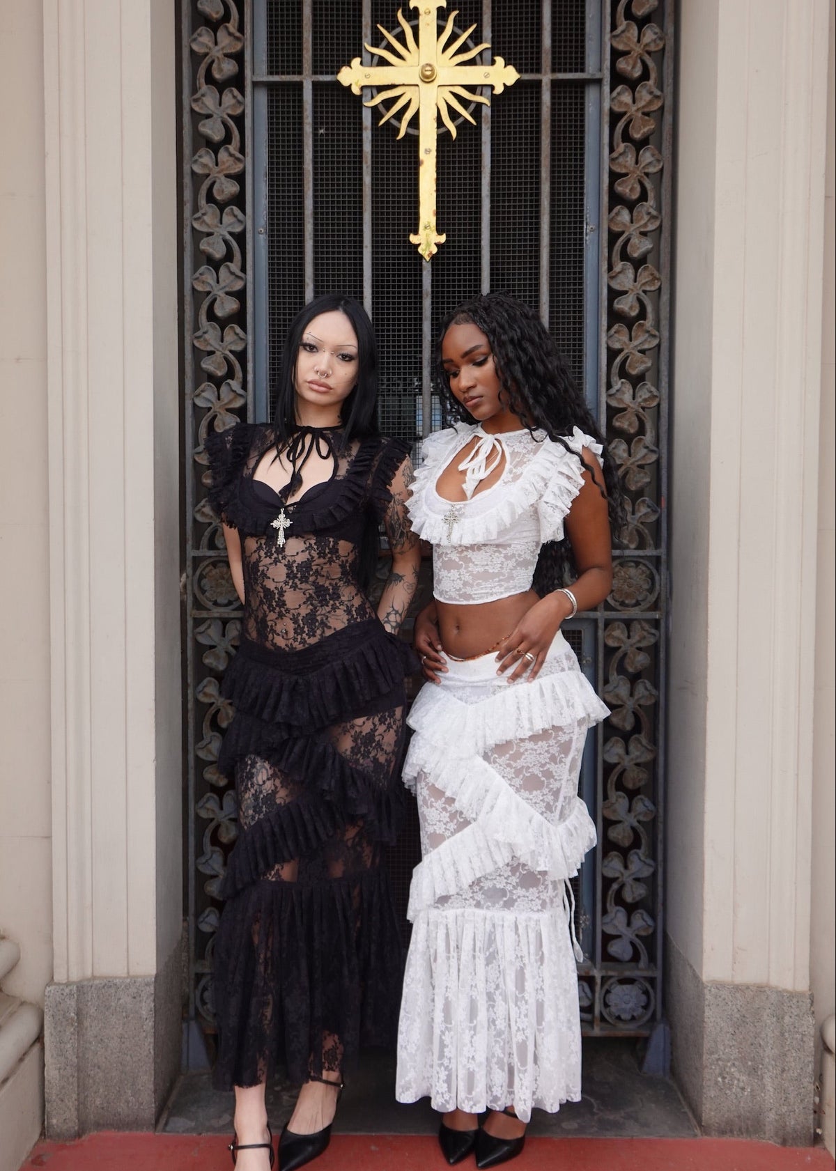Black Evangeline Lace Dress - Model 167cm, Size XS - FM2U | White Evangeline Lace Top & Skirt Set - Model 168cm, Size XS - FM2U