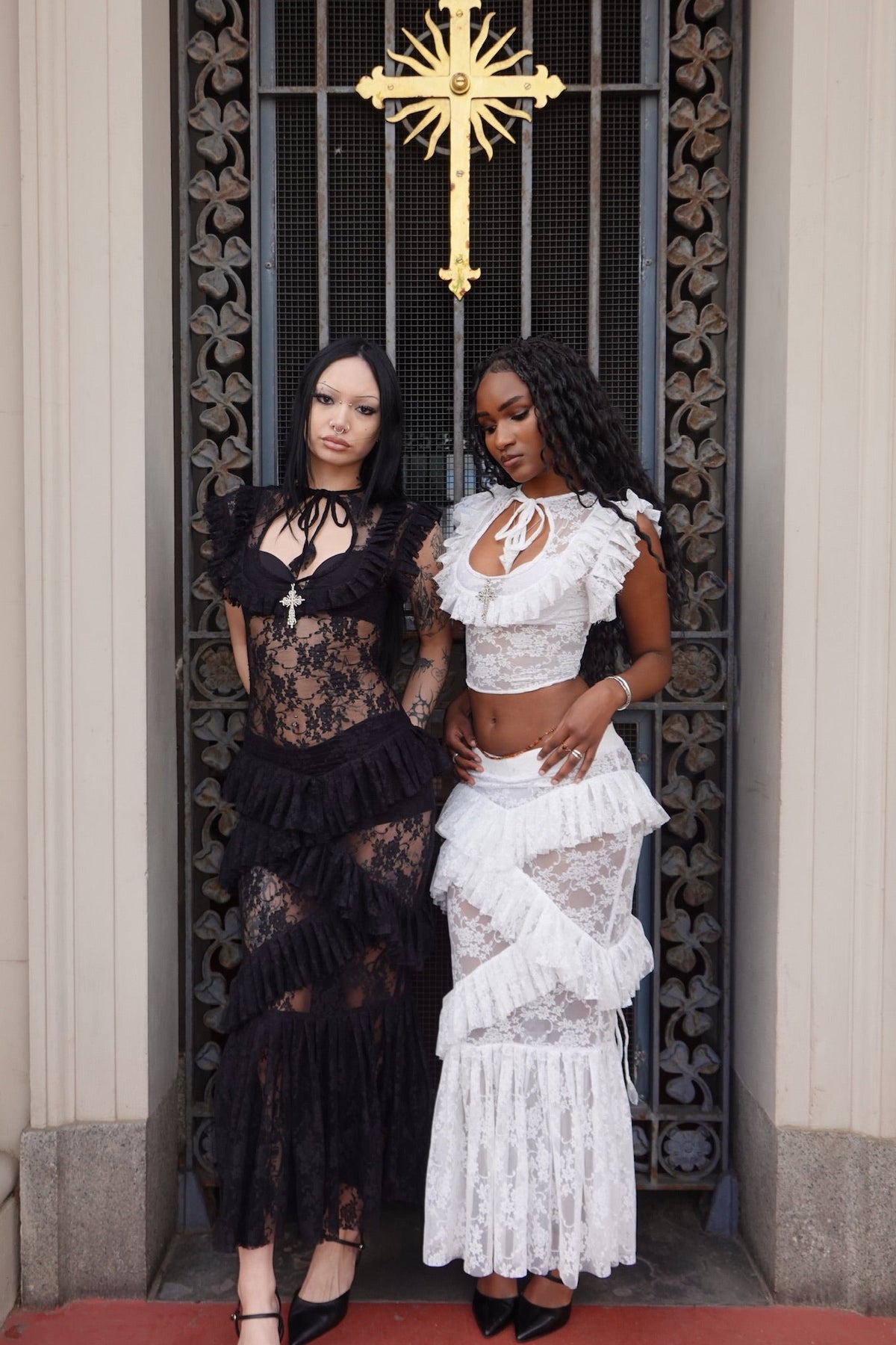 Black Evangeline Lace Dress - Model 167cm, Size XS - FM2U | White Evangeline Lace Top & Skirt Set - Model 168cm, Size XS - FM2U