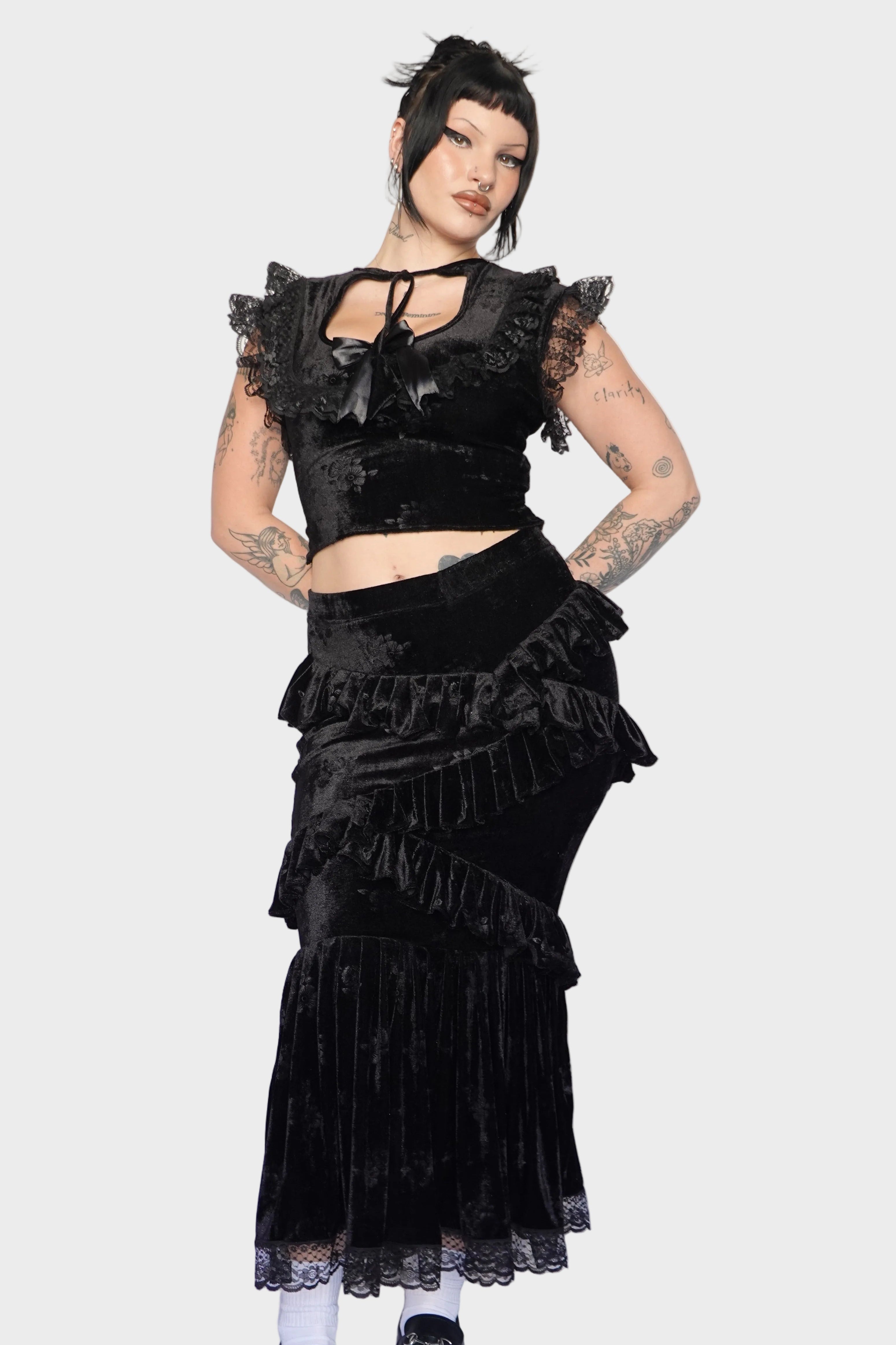 Front shot black velvet tied on model top and skirt set fm2uclothing Australia | Gothic, Vampy Alternative Whimsical and Ethical Fashion