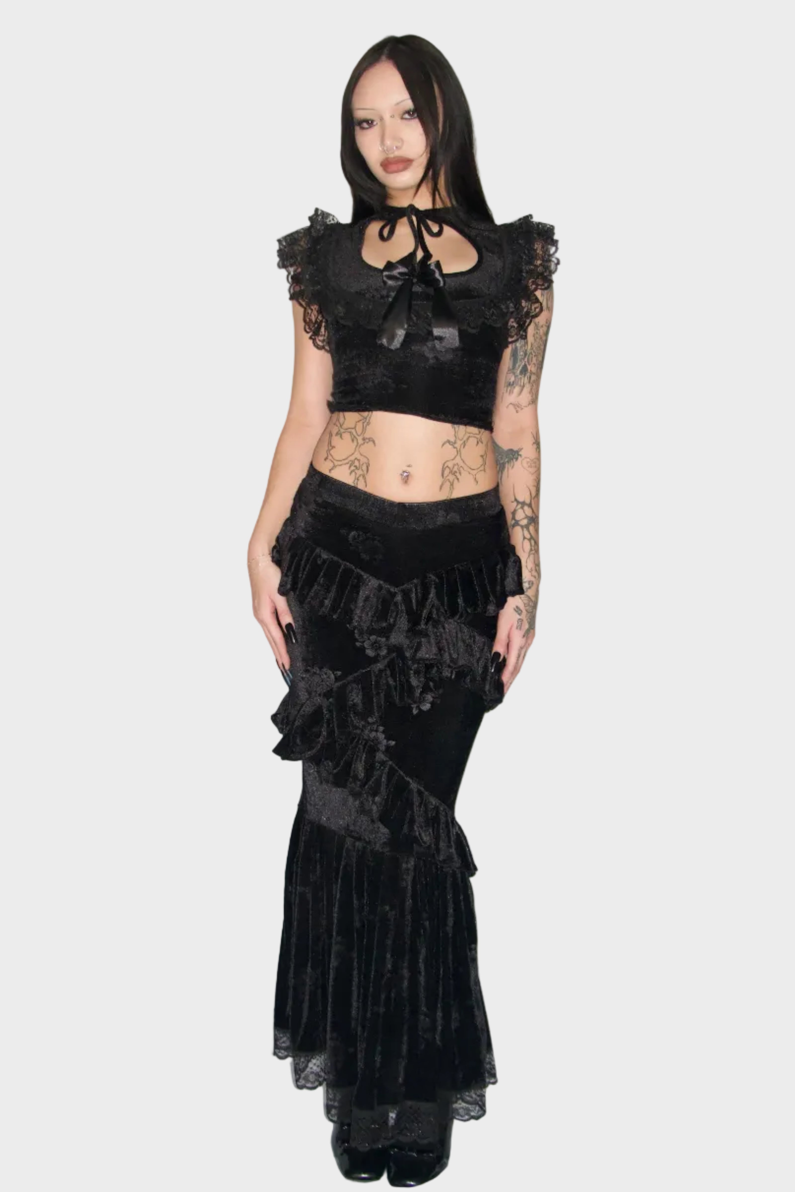Front shot black velvet tied on model skirt set fm2uclothing Australia | Gothic, Vampy Alternative Whimsical and Ethical Fashion