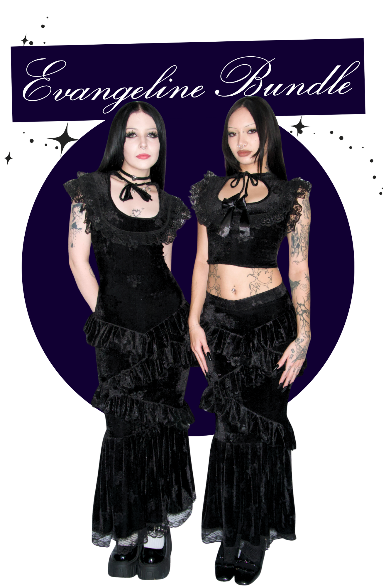 front shot black velvet dress and top and skirt set tied on model Evangeline fm2uclothing Australia gothic alternative whimsical ethical fashion