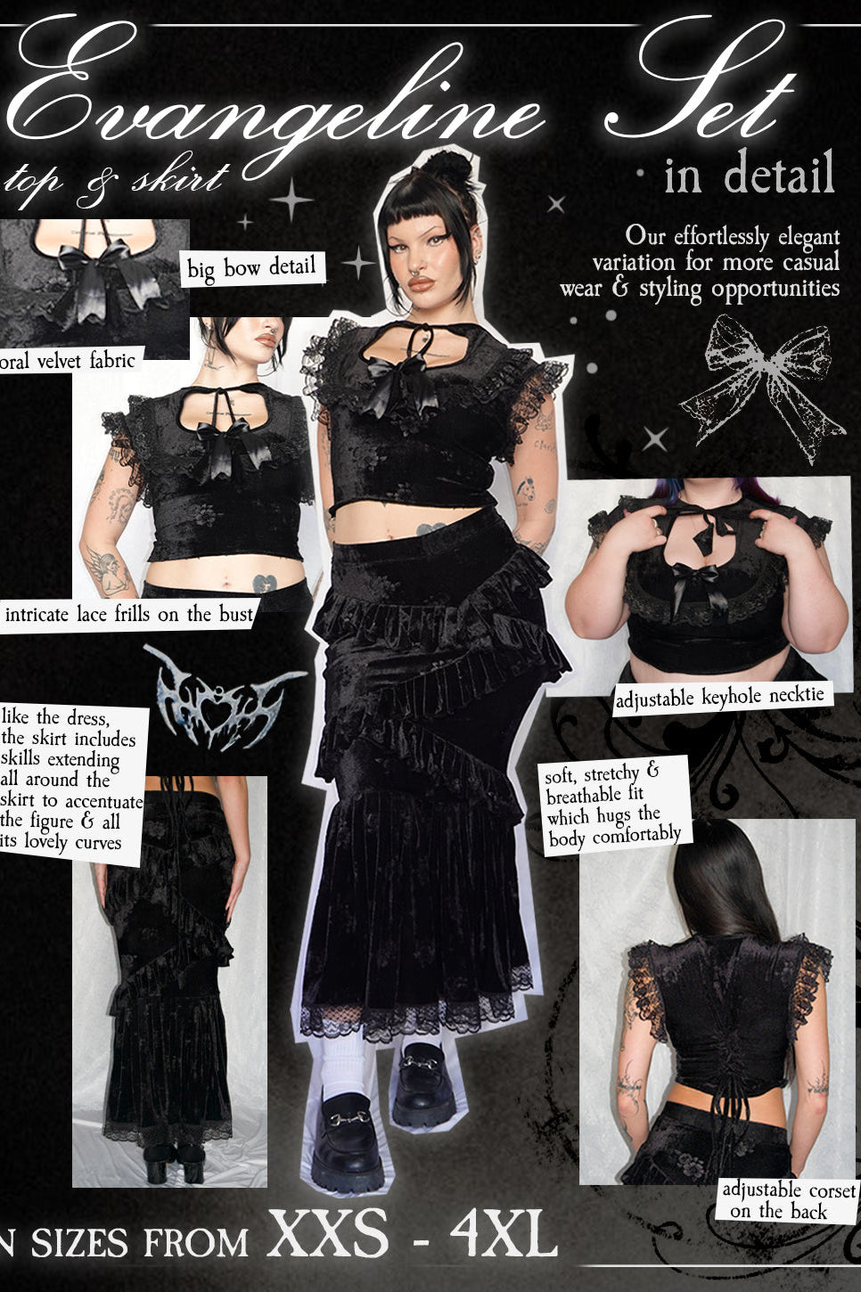 Evangeline top & skirt set detail infographic
FM2U Model: Bella Mazzora
Height: 175cm, Size: M (8-10)