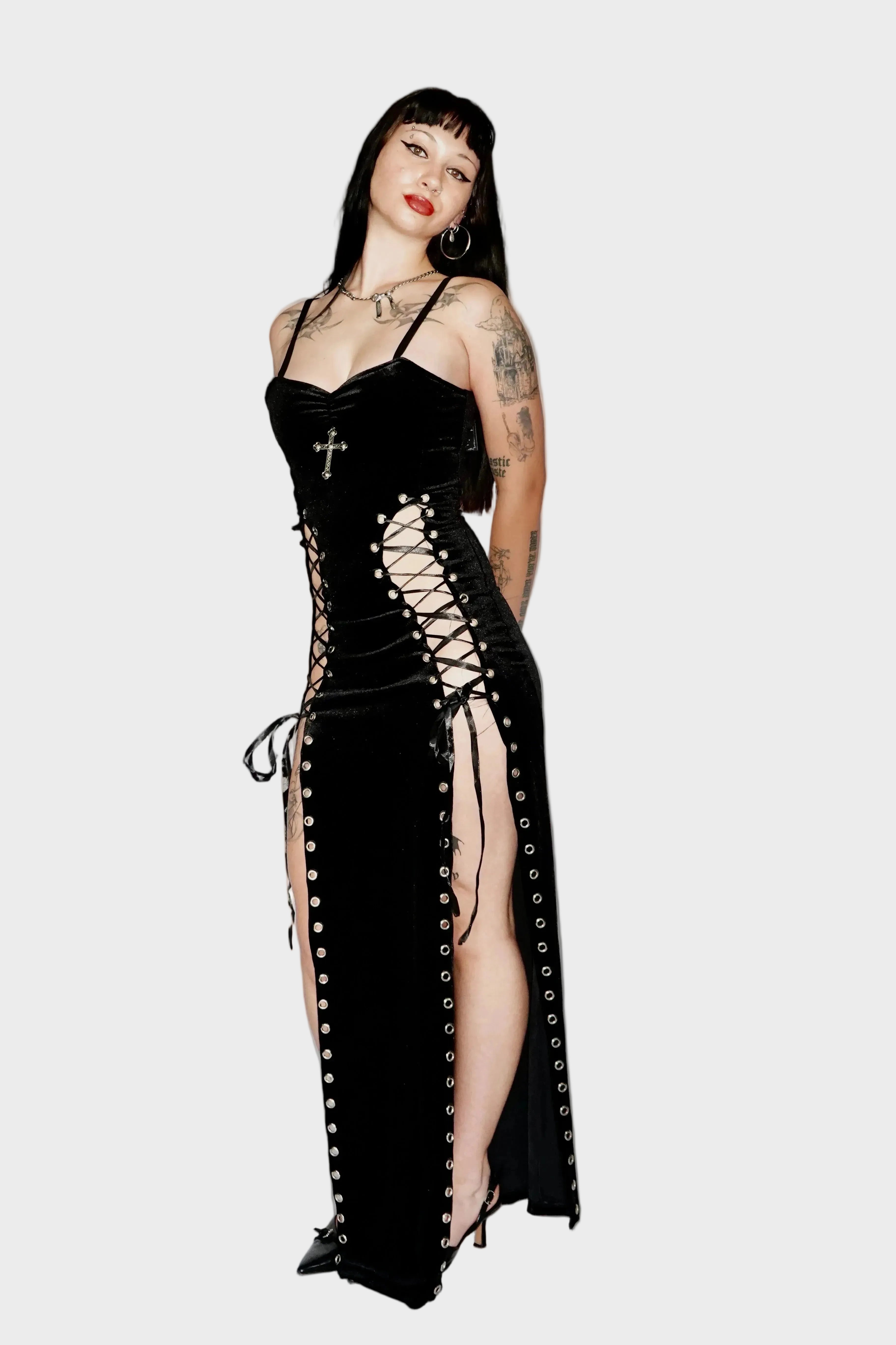 Full-body of black velvet maxi dress with dual leg slits with adjustable ribbon lace-up and eyelets on model - Ravencross dress (Black) - FM2U Clothing Australia | Gothic Alternative Whimsical Ethical Fashion