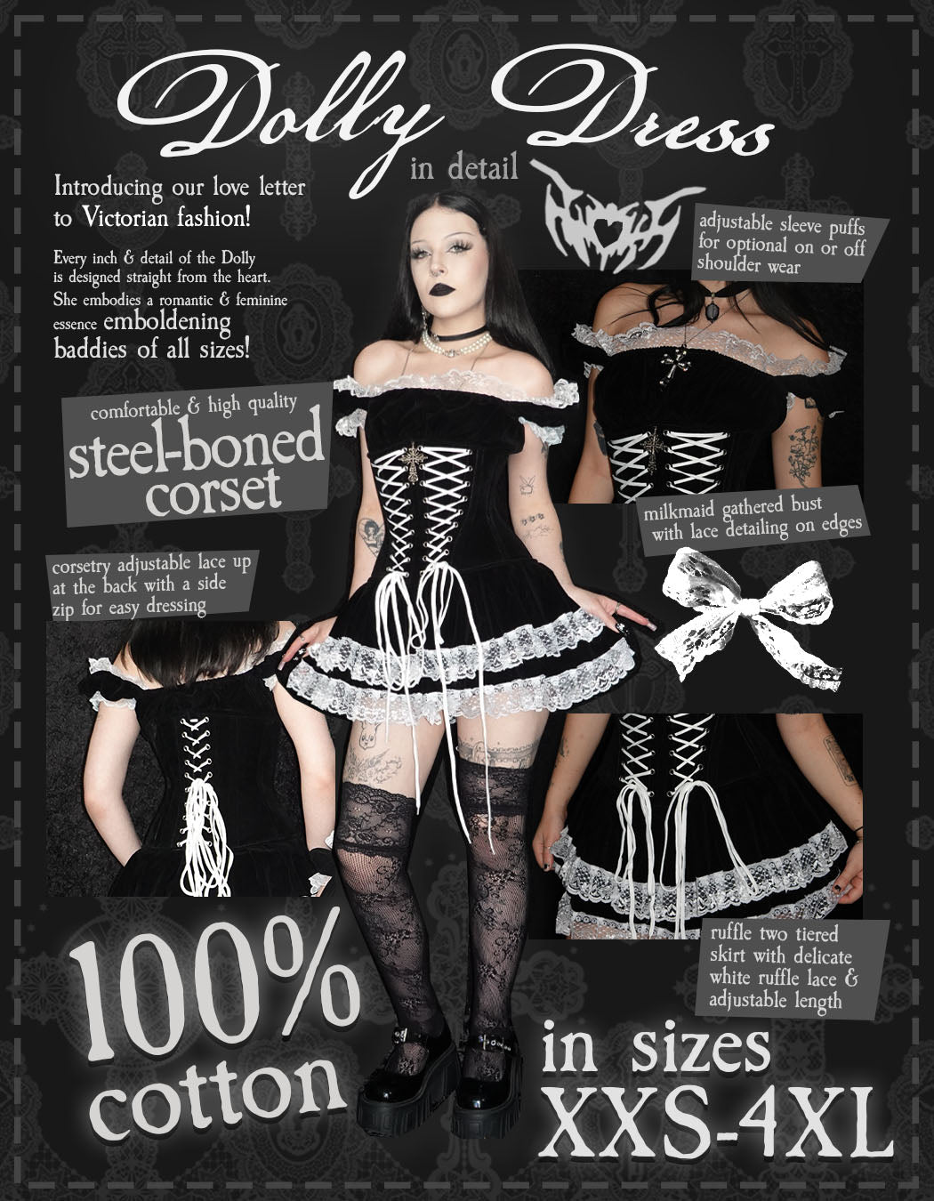 Promotional infographic for Dolly Mini Dress showing 100% cotton fabric, available sizing XXS-4XL, steel-boned construction details, adjustable sleeves, two-tiered ruffle skirt - Dolly Mini Dress - FM2U Clothing Australia | Gothic Alternative Whimsical Ethical Fashion