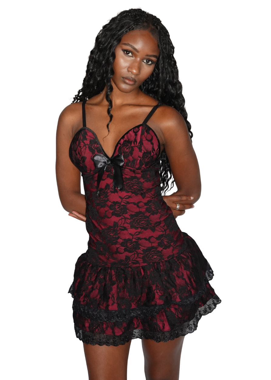 front shot red lace babydoll dress on model babydoll vampiress | FM2U Clothing Australia Gothic Alternative Whimsical Ethical Fashion