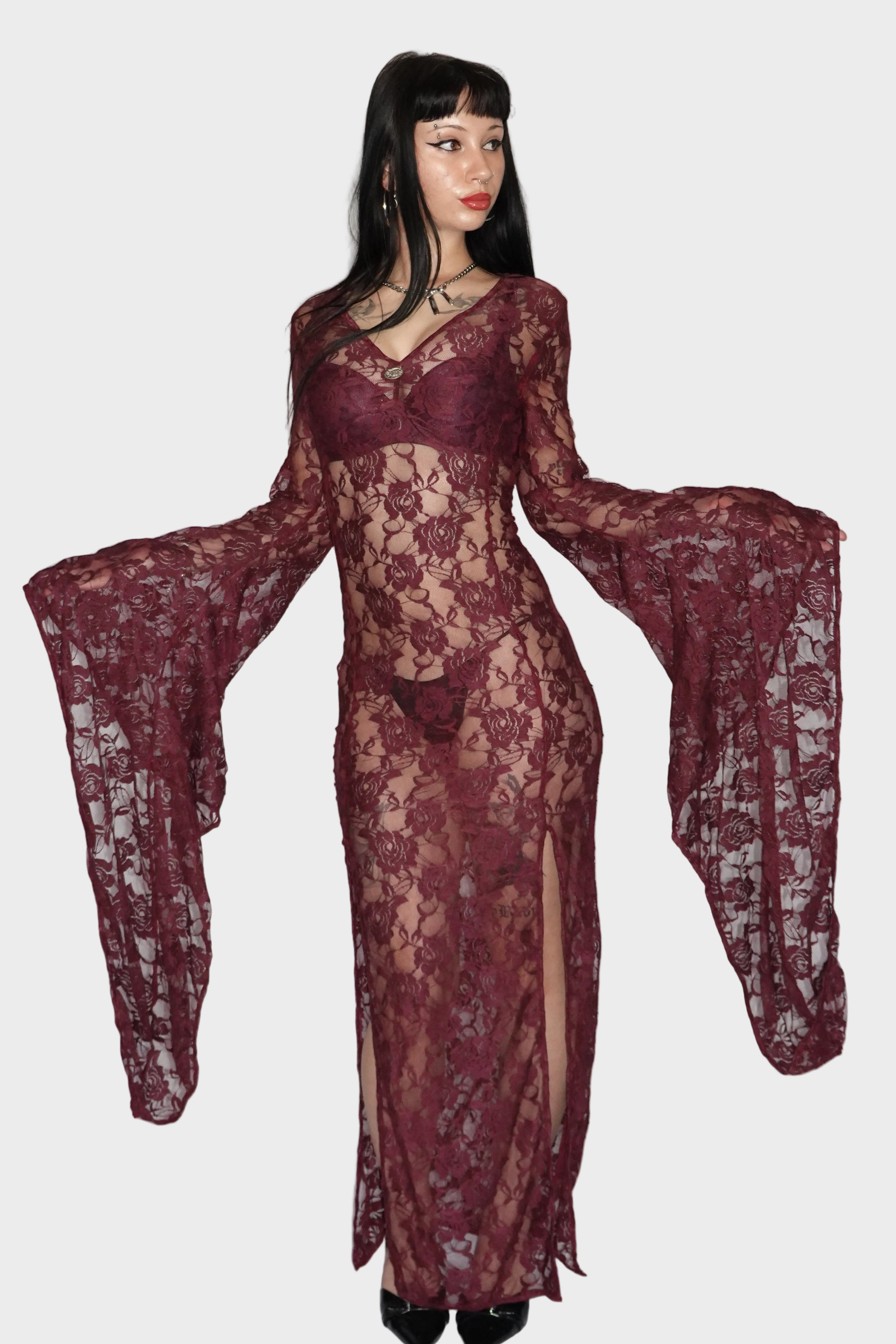Full-body view of sheer burgundy maxi dress. On model size 6- Cascadia (Purple) dress - FM2U Clothing Australia | Gothic Alternative Whimsical Ethical Fashion