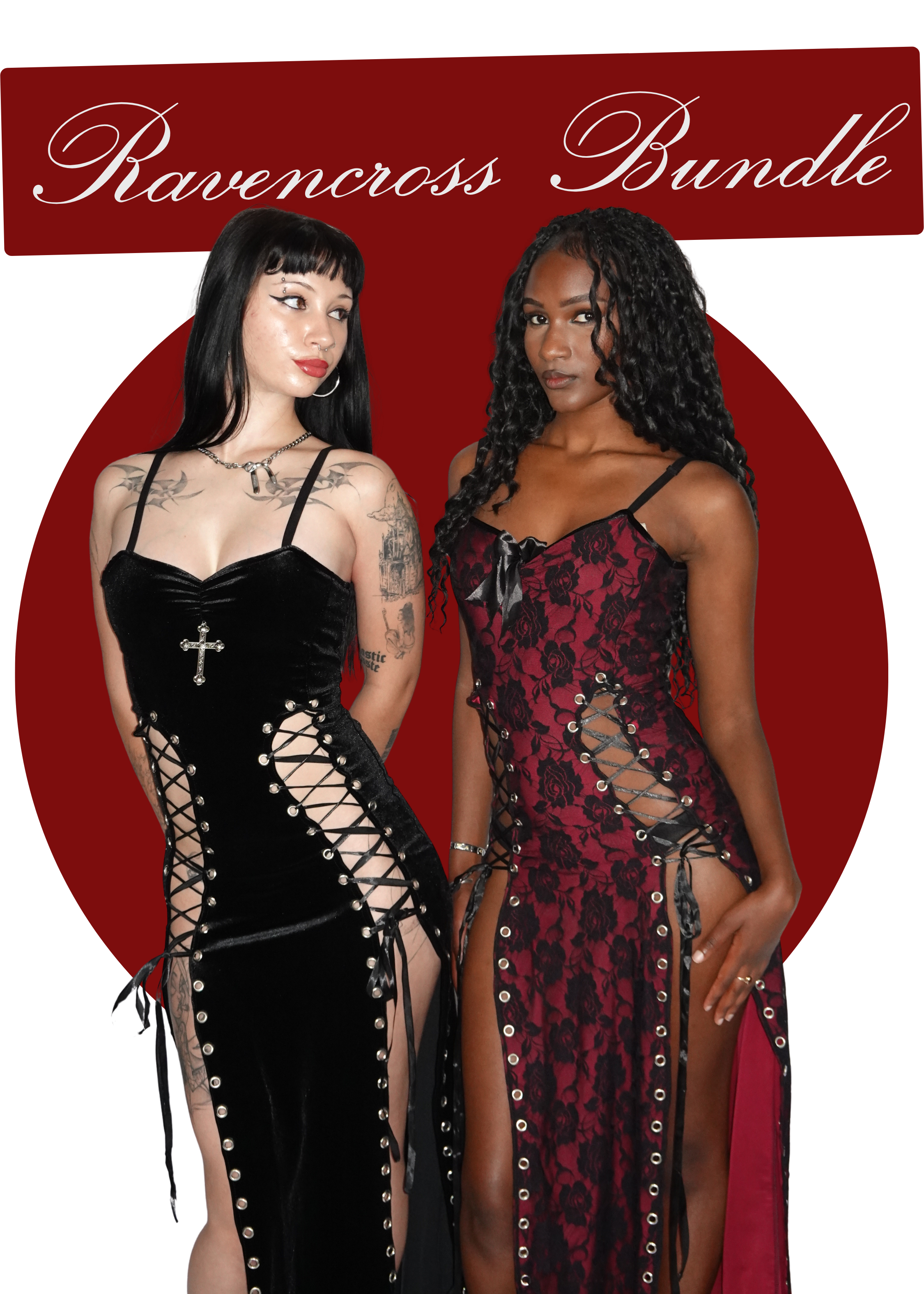 Group shot of 2 maxi dresses with dual leg slits and adjustable ribbon lace-up and eyelets. On left model - Ravencross dress (Black), on right model - Ravencross dress (Vampiress) FM2U Clothing Australia | Gothic Alternative Whimsical Ethical Fashion