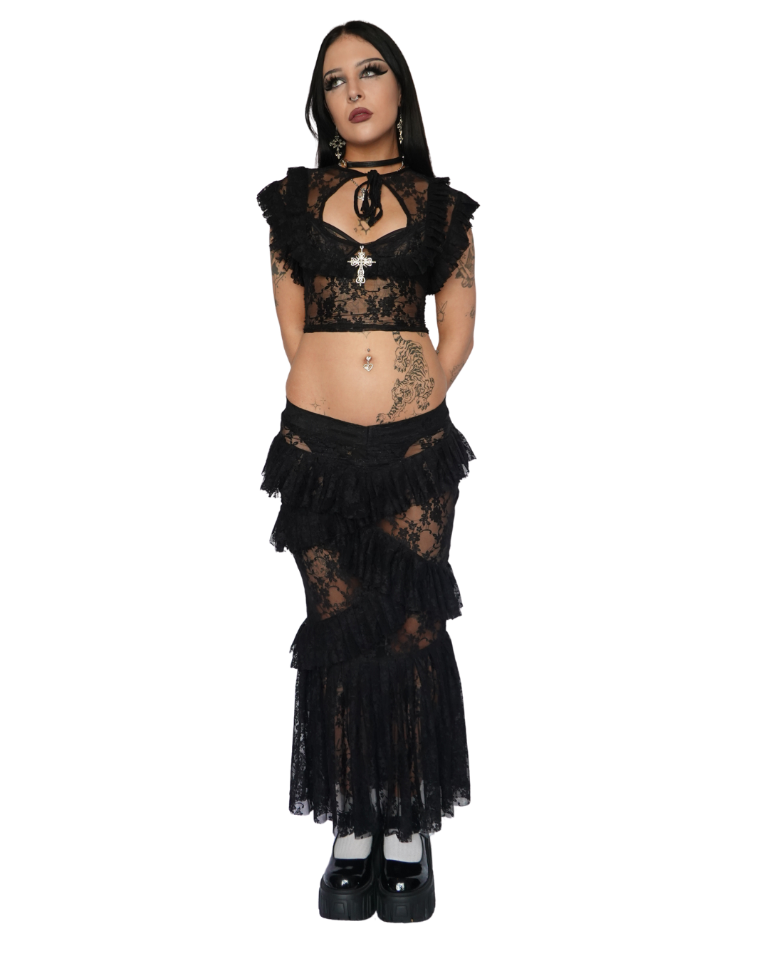 Black Evangeline Lace Top & Skirt - Model 166cm, Size S - FM2U