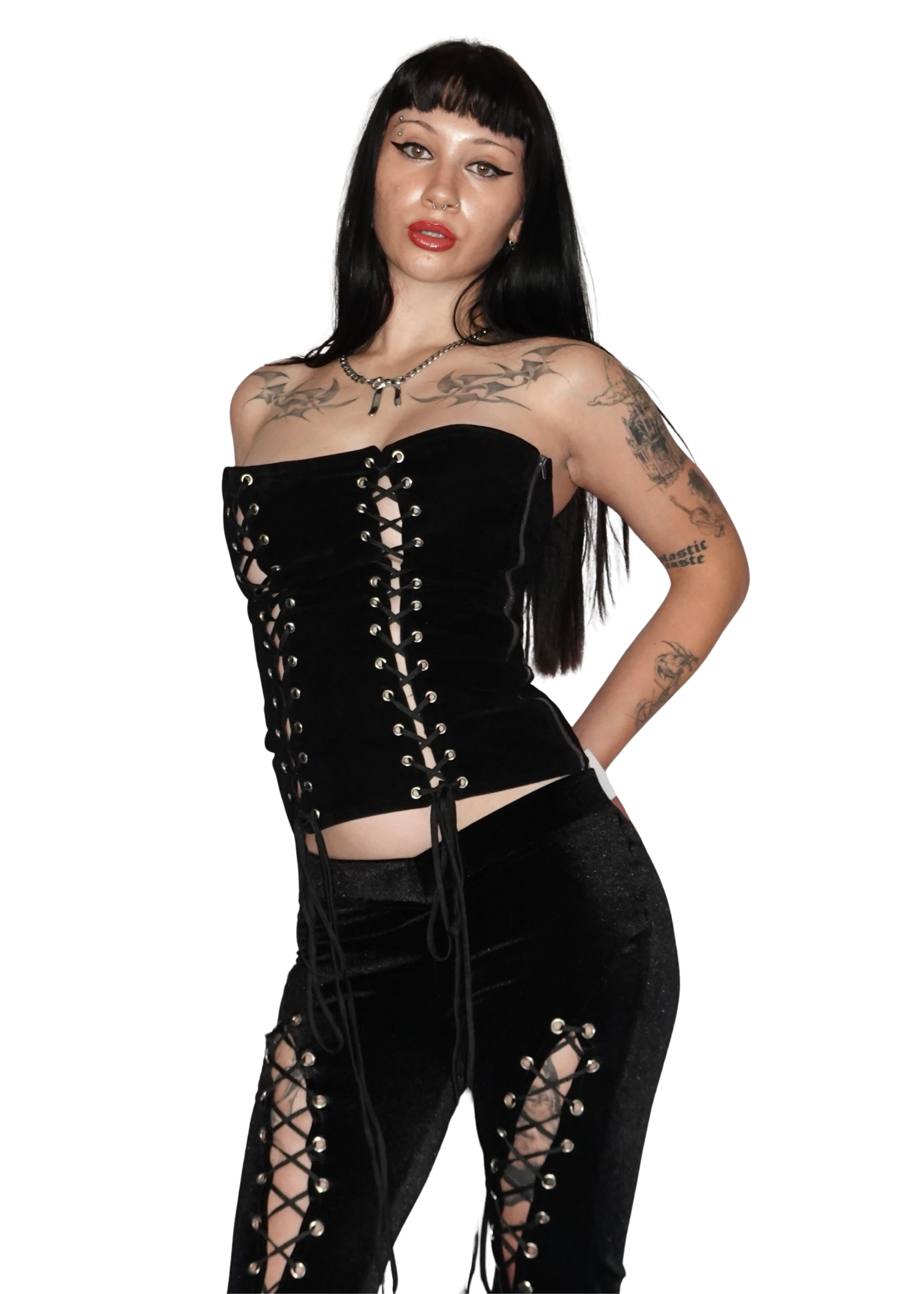 Ravencross gothic velvet corset top styled with matching Ravencross bottoms in a full alternative set - Ravencross Top - FM2U Clothing Australia | Gothic Alternative Whimsical Ethical Fashion