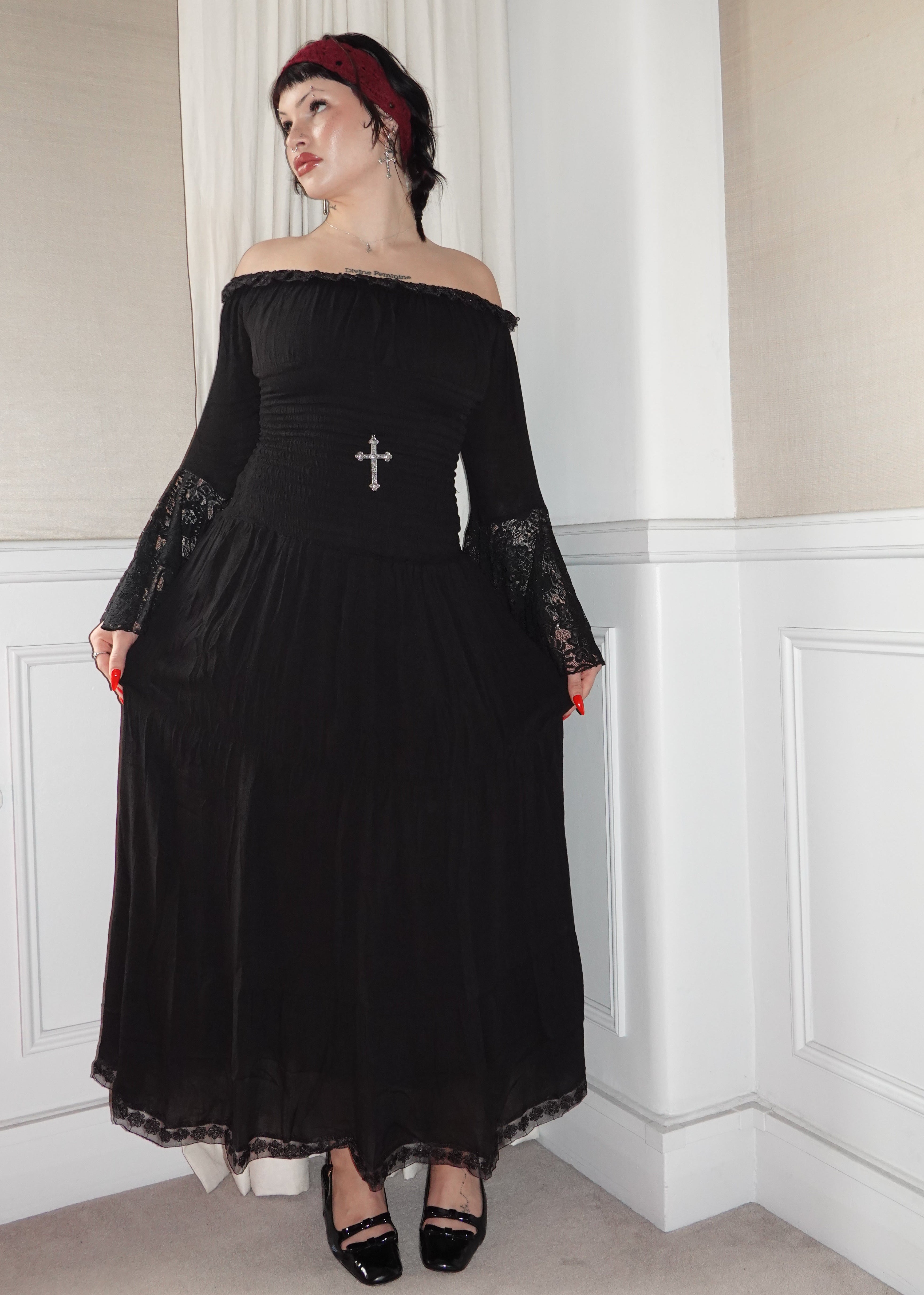 Milkmaid Dress Maxi (Ebony) - Model 175 cm, Size M - FM2U