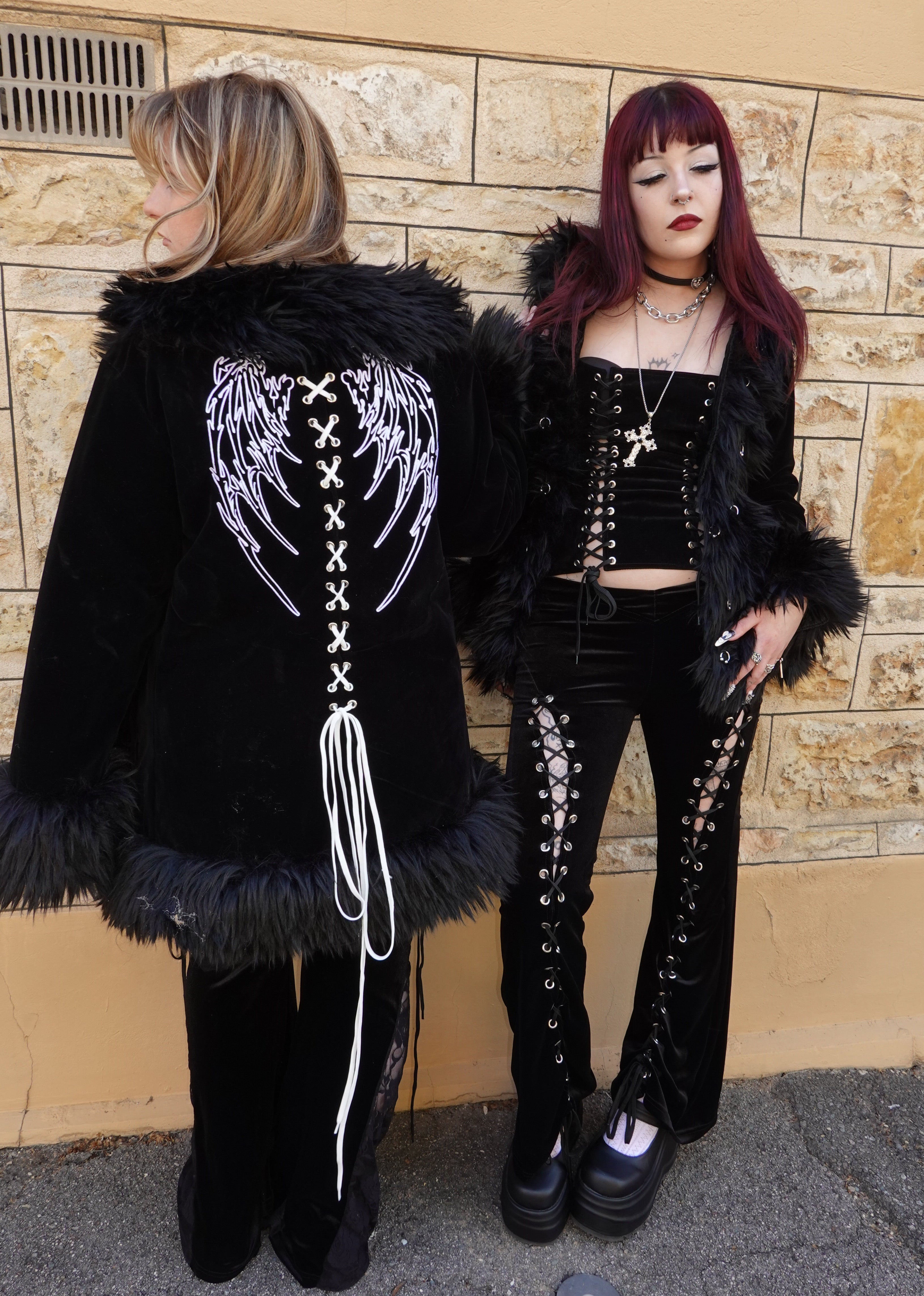 Black Afghan Coats - Model (L) wearing the Pierced Coat, 166cm, Size S.
Model (R) wearing the Ravens Embrace Coat, 163cm, Size L - FM2U