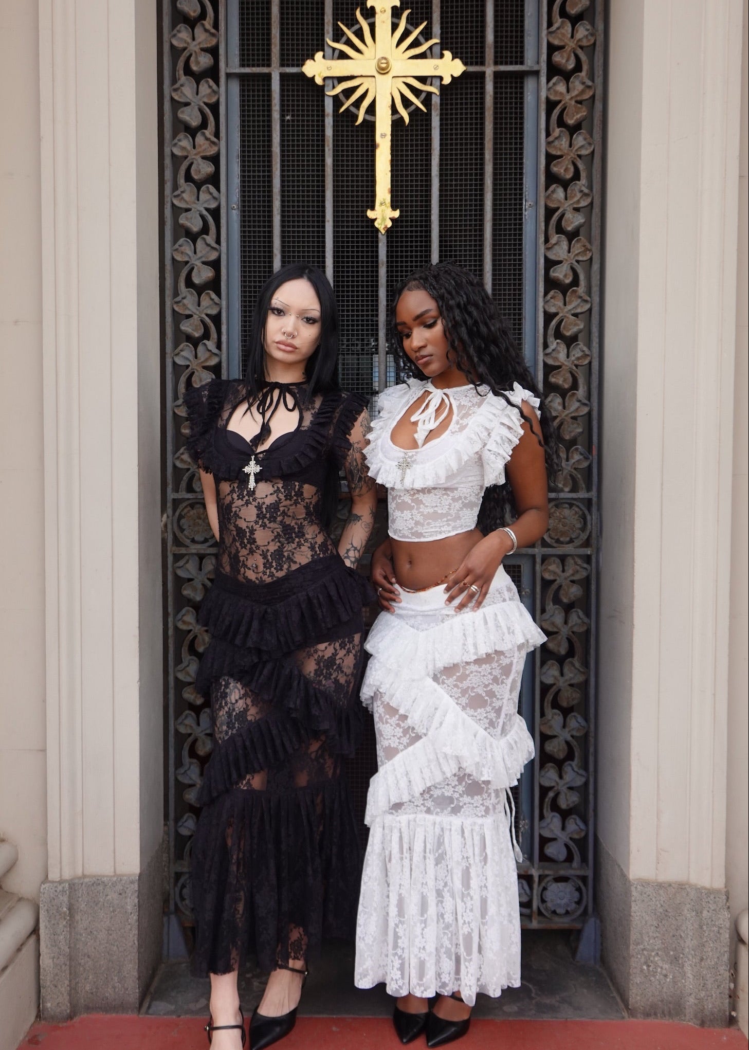 Black Evangeline Lace Dress - Model 167cm, Size XS - FM2U | White Evangeline Lace Top & Skirt Set - Model 168cm, Size XS - FM2U
