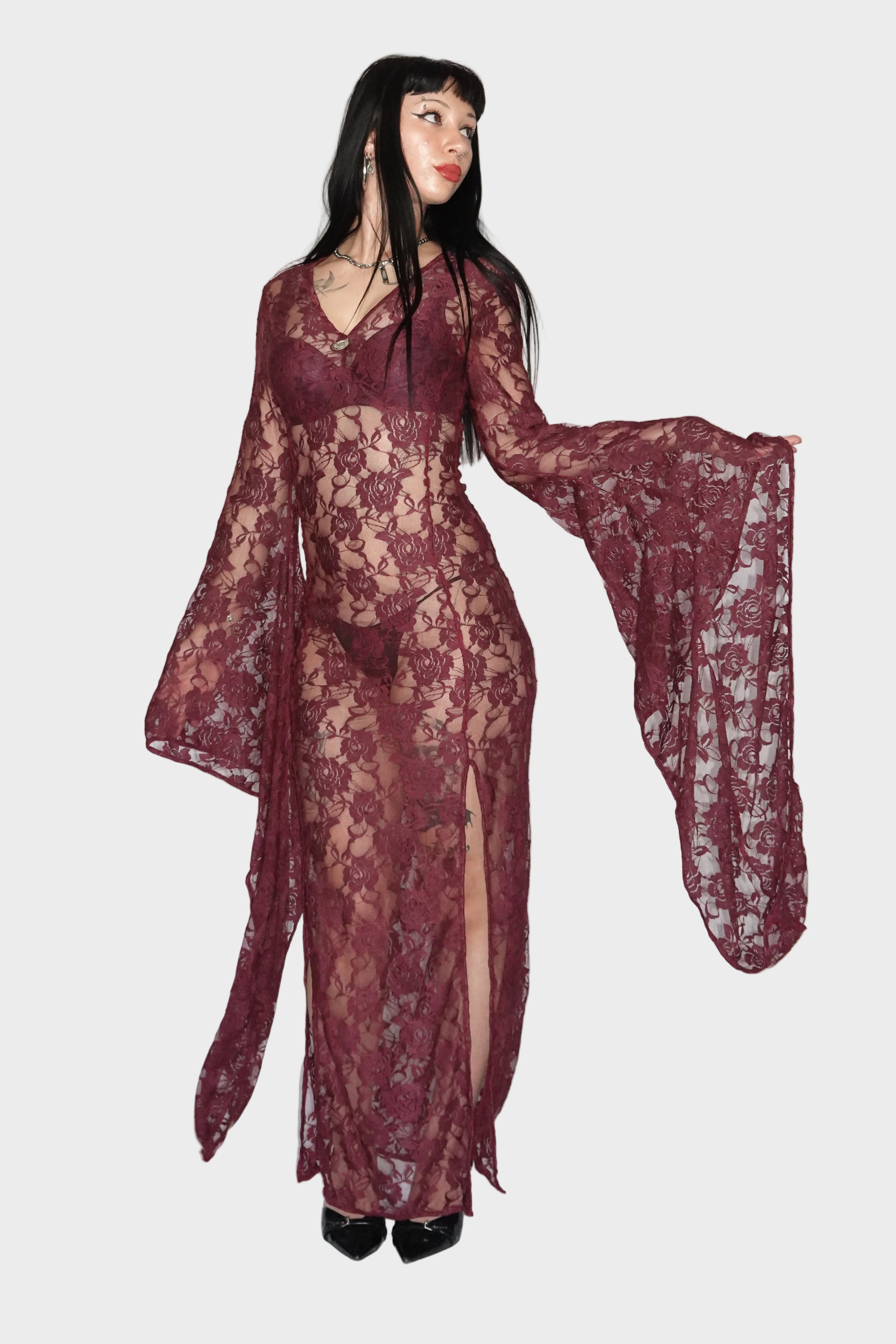 Full-body view of purple, sheer maxi dress with long flared sleeves, leg slits and v-neckline. On model - Cascadia (Purple) dress - FM2U Clothing Australia | Gothic Alternative Whimsical Ethical Fashion