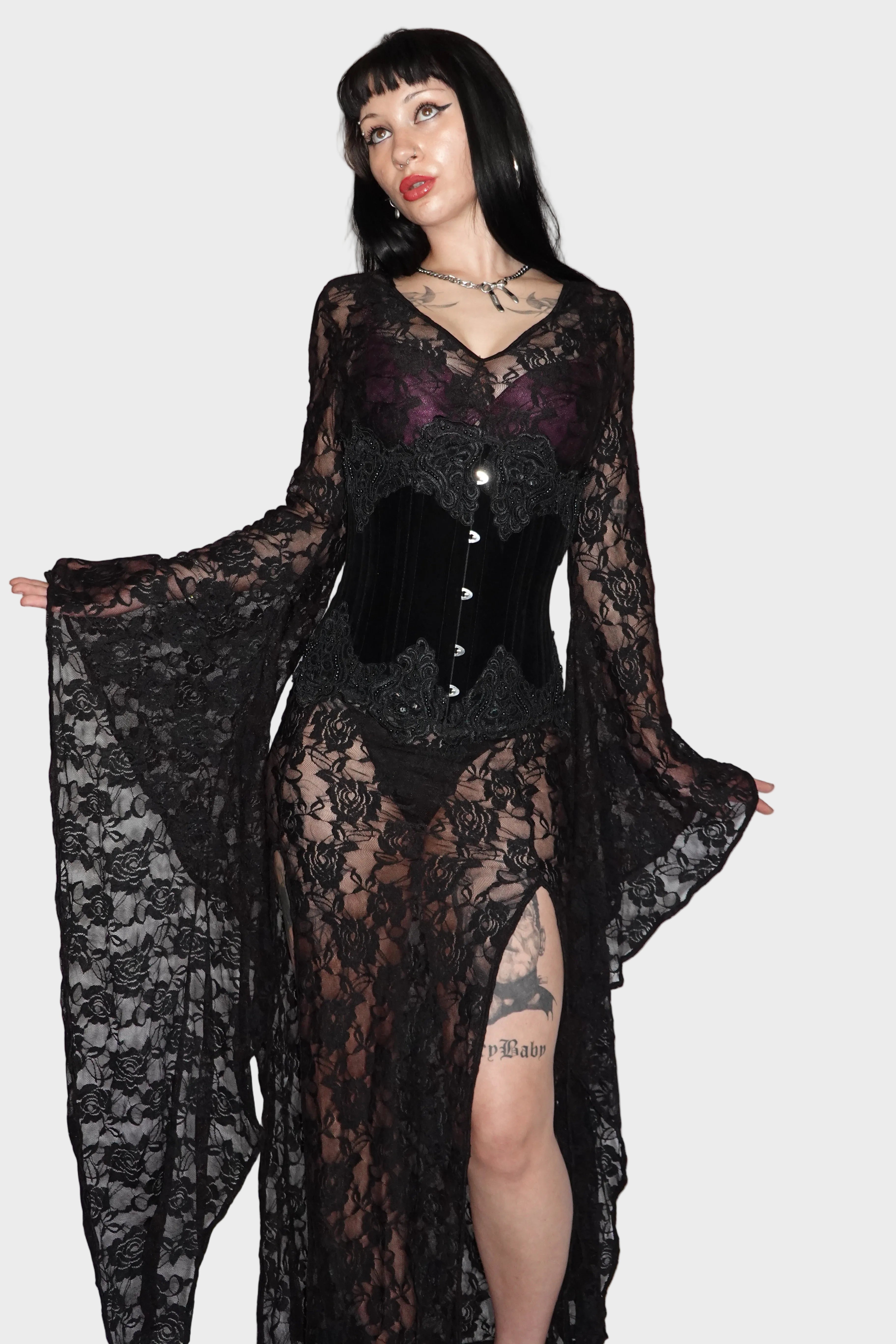 Full-body shot of black rose-patterned lace maxi dress styled with black steel-boned corset. On model - Cascadia (Ebony) -  FM2U Clothing Australia | Gothic Alternative Whimsical Ethical Fashion