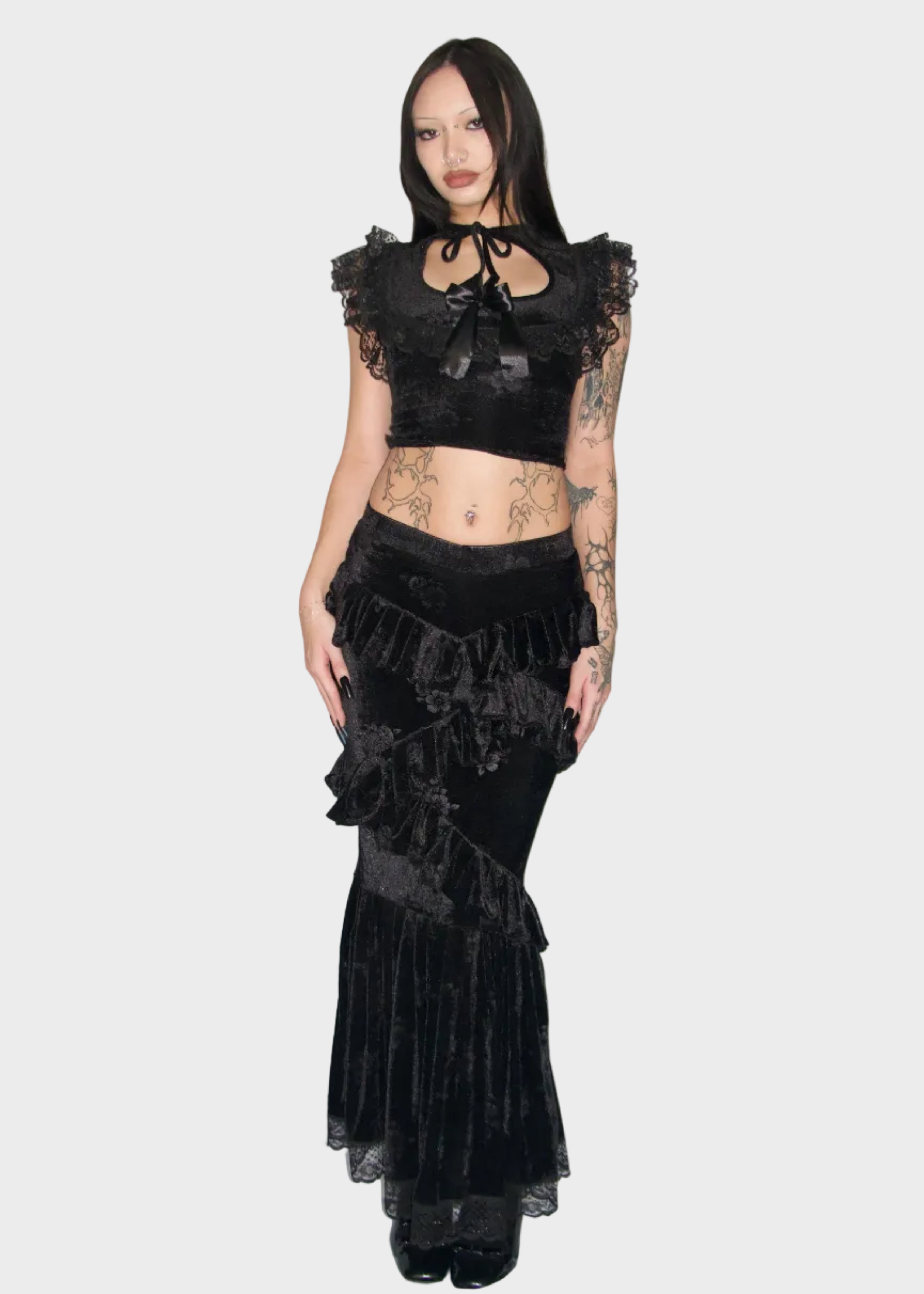 Front shot black velvet tied on model skirt set fm2uclothing Australia | Gothic, Vampy Alternative Whimsical and Ethical Fashion