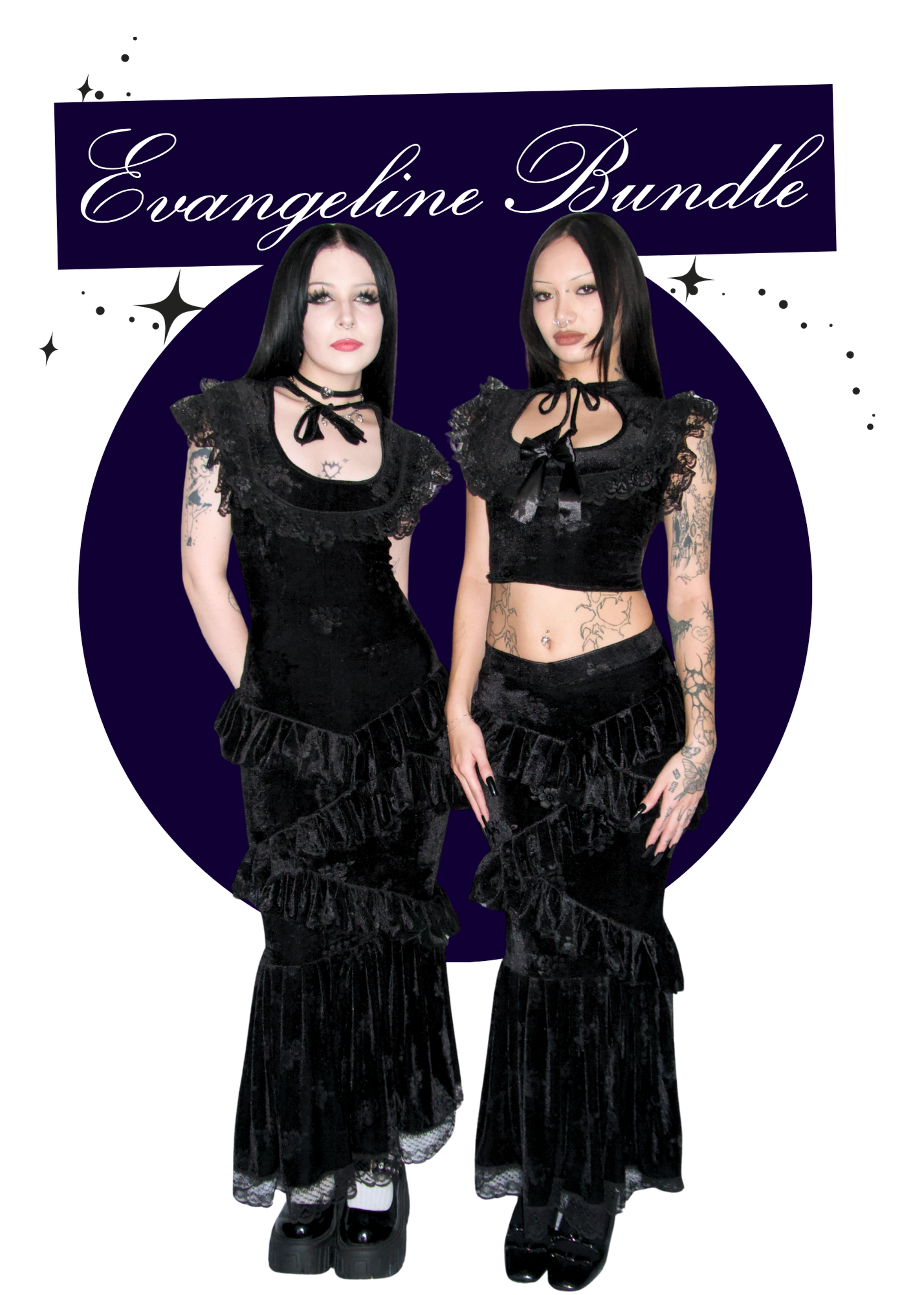 front shot black velvet dress and top and skirt set tied on model Evangeline fm2uclothing Australia gothic alternative whimsical ethical fashion