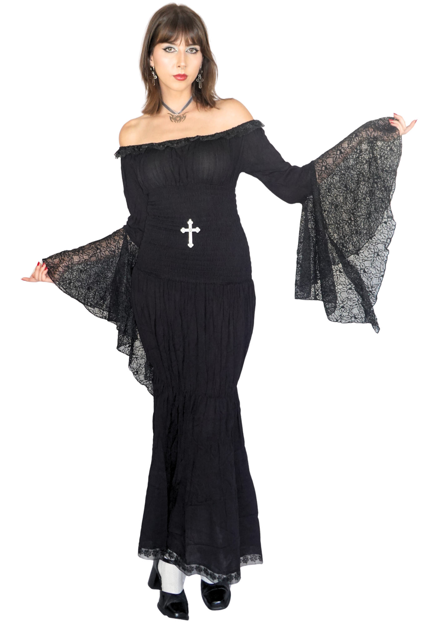 front shot black cotton and lace maxi milkmaid fm2uclothing Australia | Gothic Alternative Whimsical Ethical Fashion