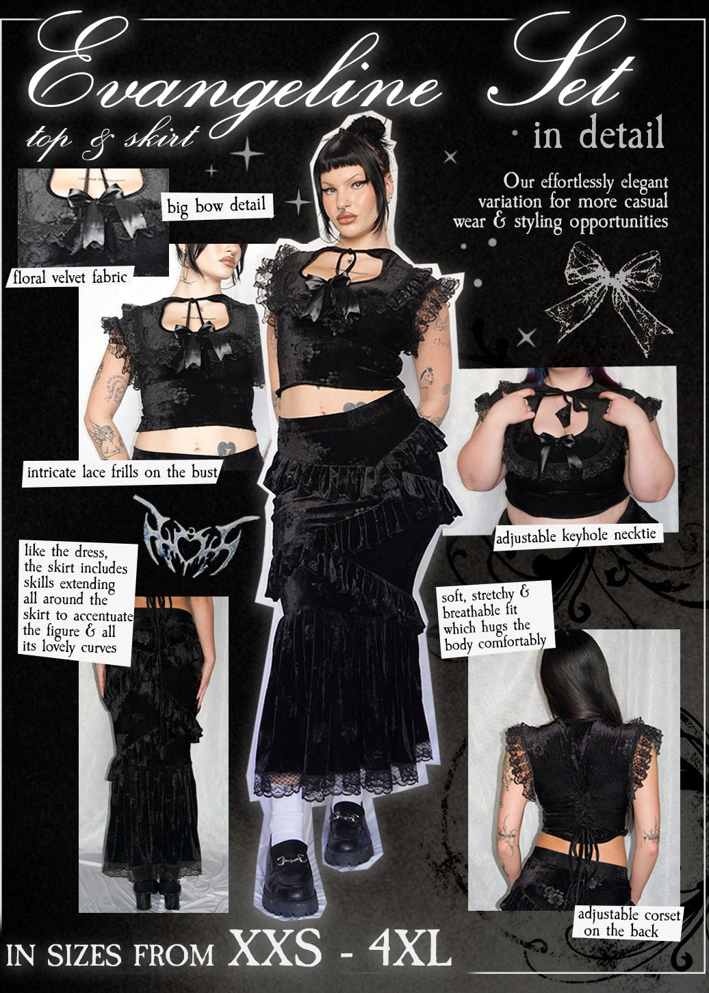 Evangeline top & skirt set detail infographic
FM2U Model: Bella Mazzora 
Height: 175cm, Size: M (8-10)