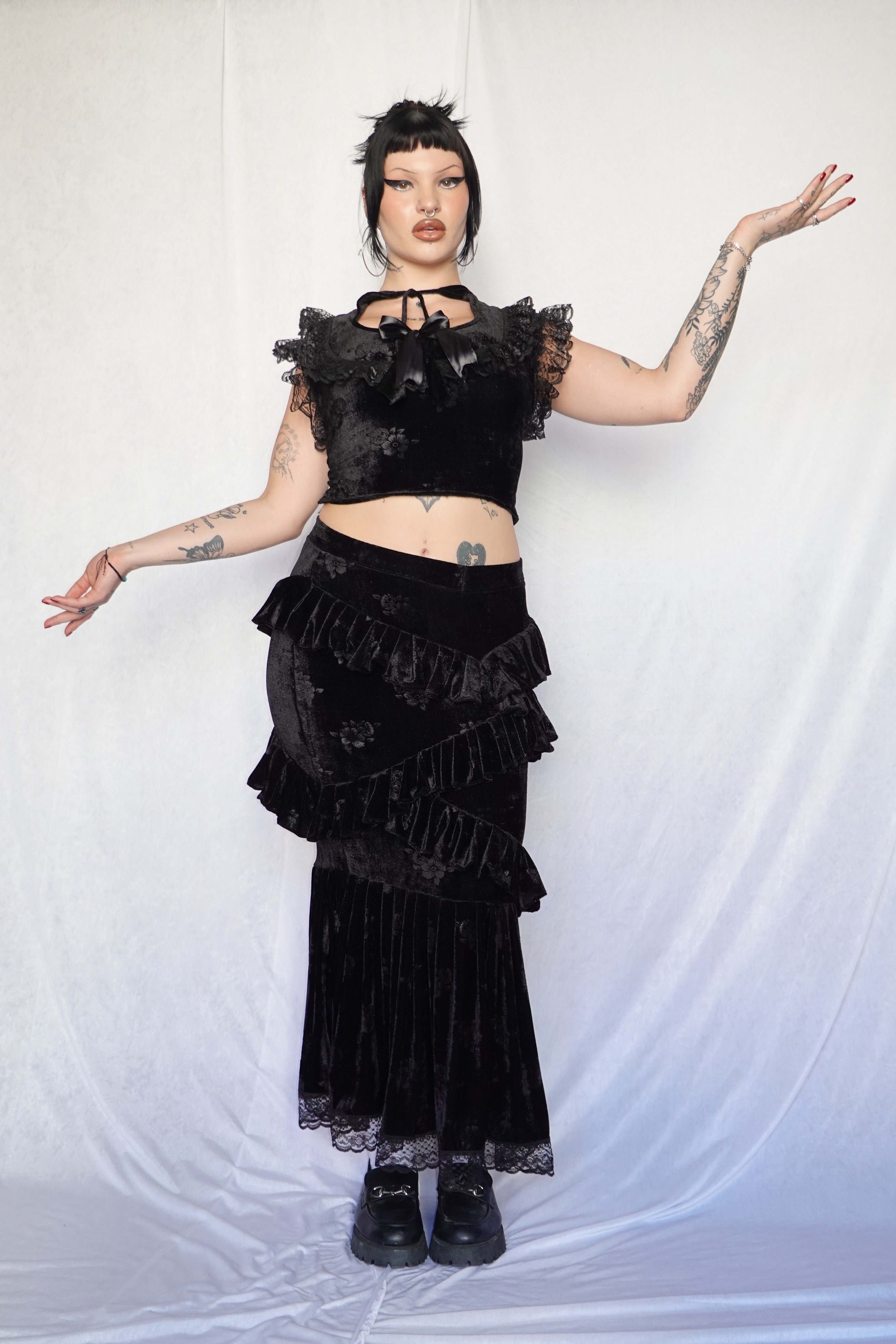 Front shot black velvet tied on model size M top and skirt set fm2uclothing Australia casual goth | Gothic, Vampy Alternative Whimsical and Ethical Fashion