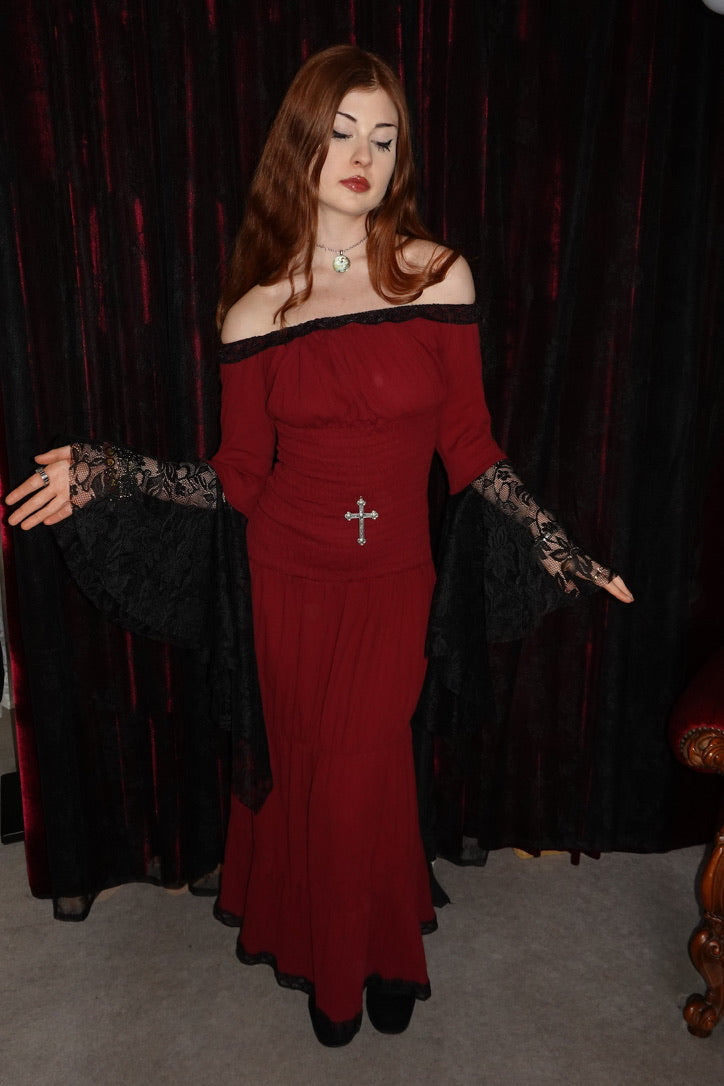 front shot of red maxi milkmaid (blood) inside FM2U's Adelaide boutique,  on model size 6 - vampire vintage style FM2U Clothing Australia | Gothic Vampire Alternative Whimsical Ethical Fashion 