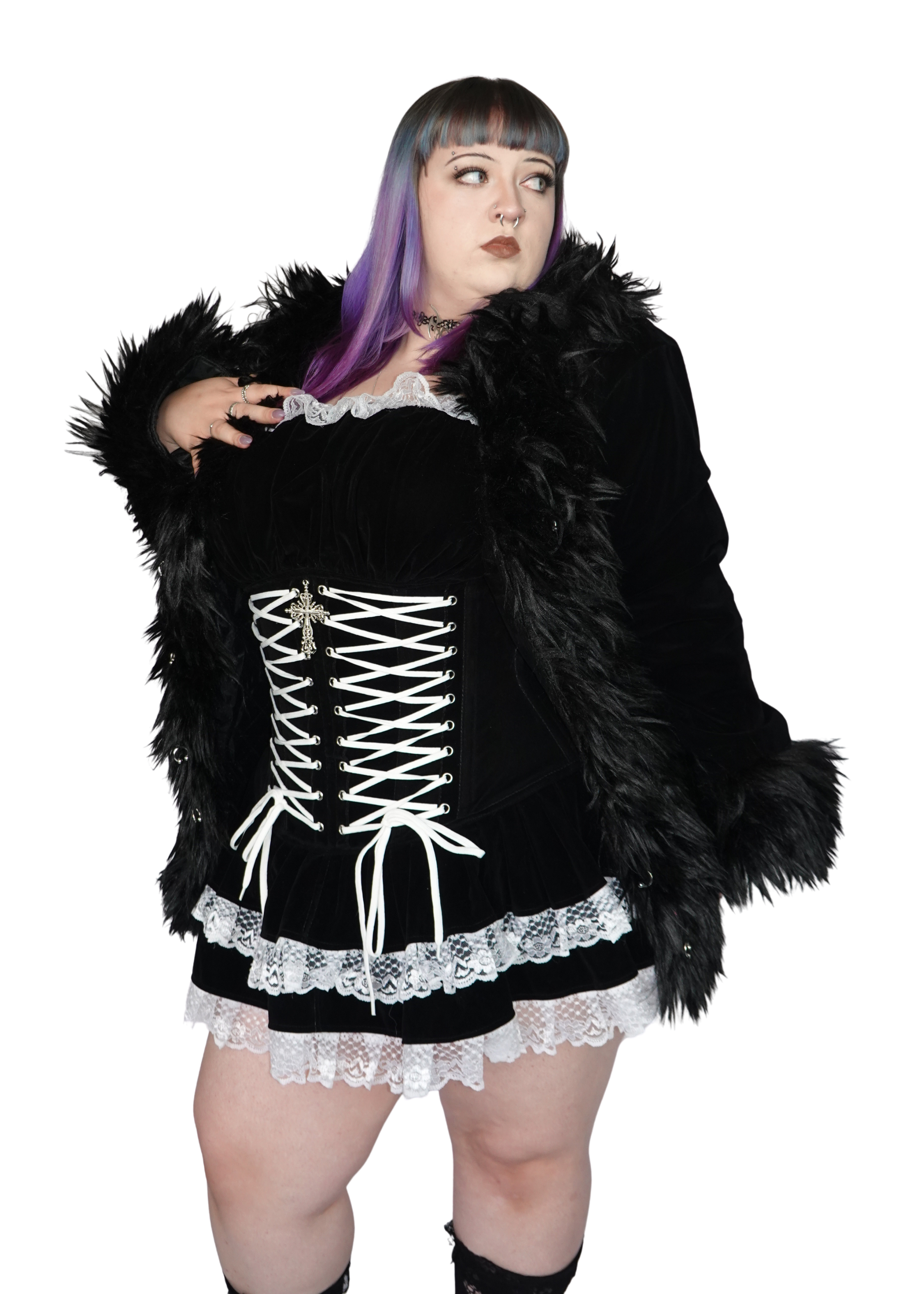 front side shot of curtain shot pierced afghan coat styled with dolly dress inside FM2U's Adelaide boutique,  on model size 2XL - vampire vintage style 90s FM2U Clothing Australia | Gothic Alternative Whimsical Ethical Fashion 