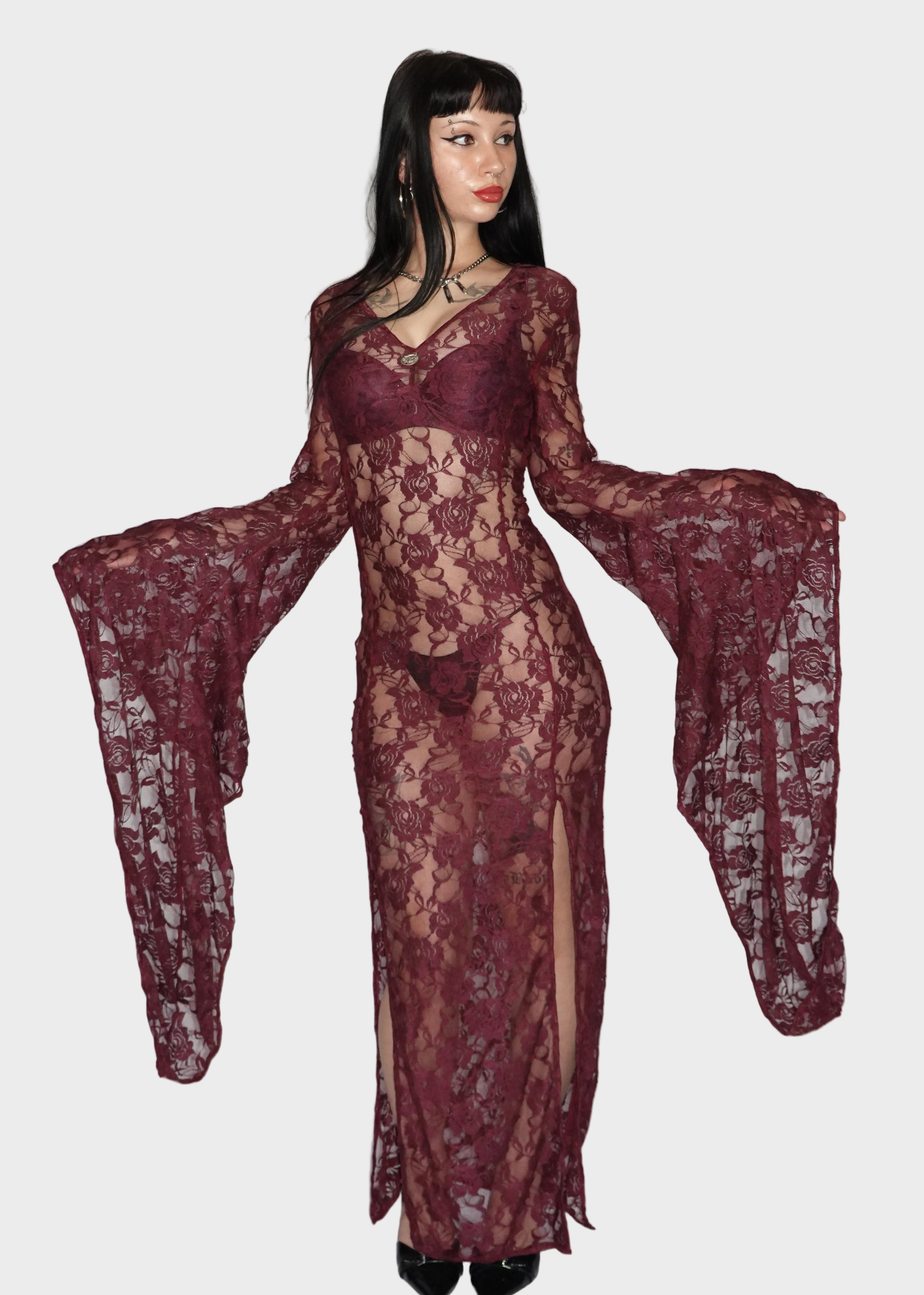 Full-body view of sheer burgundy maxi dress. On model size 6- Cascadia (Purple) dress - FM2U Clothing Australia | Gothic Alternative Whimsical Ethical Fashion